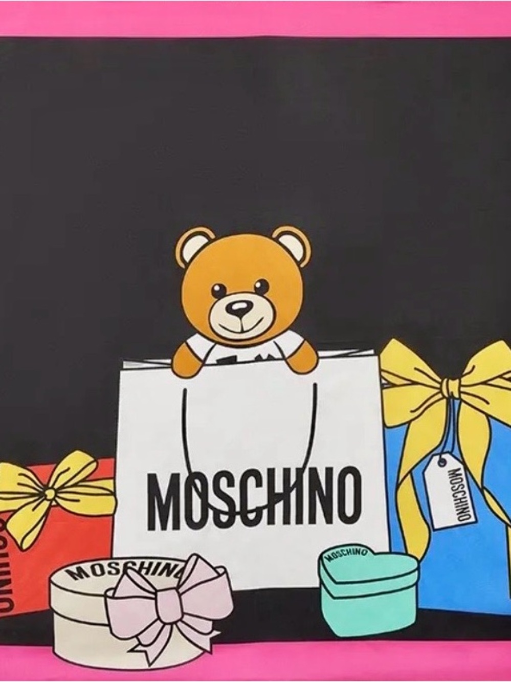 Moschino Black pink trim multicolor toy teddy bear 100% silk scarf 70x26